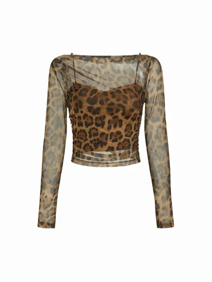 Mesh Square Neck Floral Lettuce Trim Drawstring Ruched Long Sleeve Top