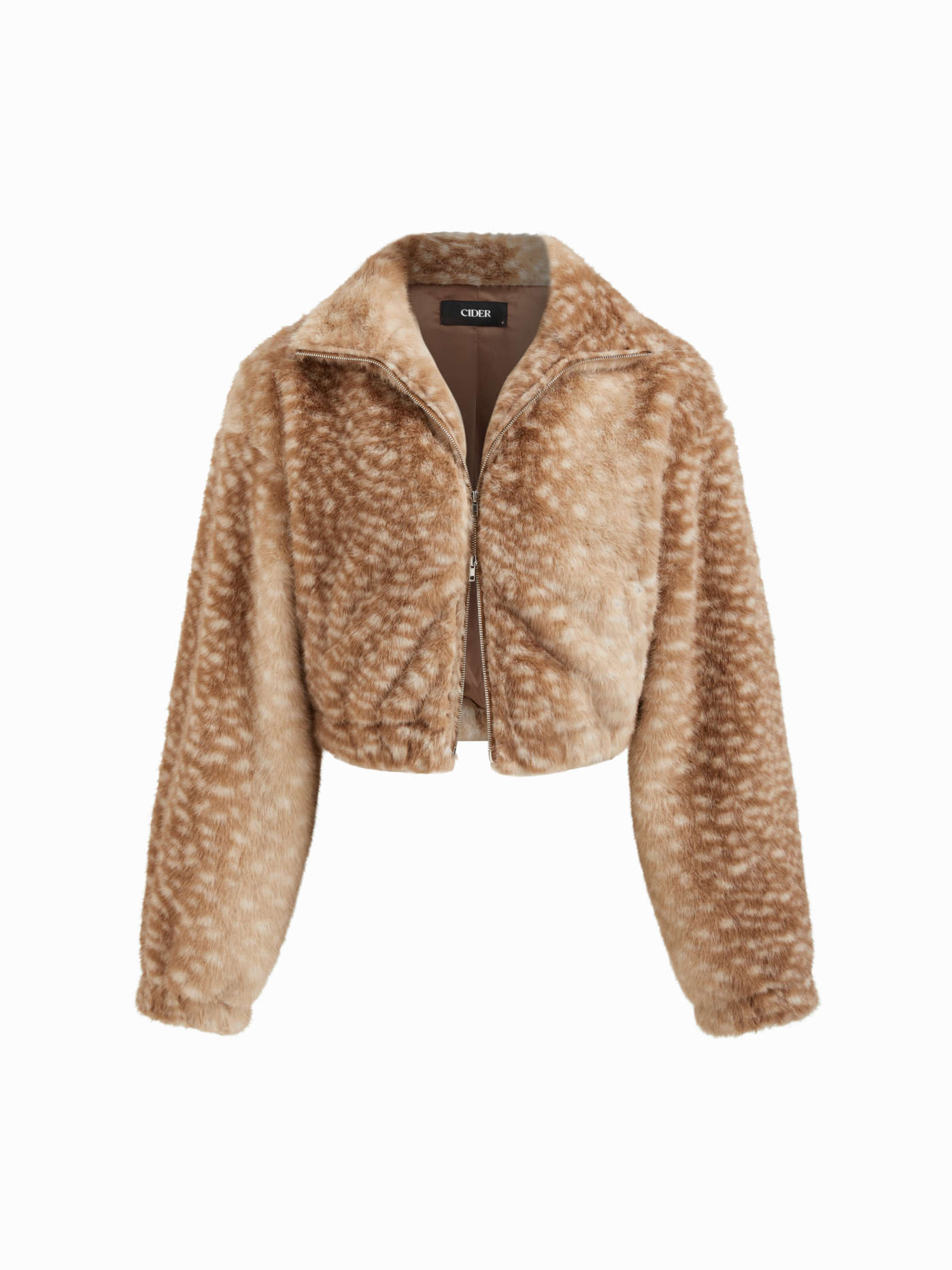 Faux Fur Deer Print High Neck Zip Through Jacket
