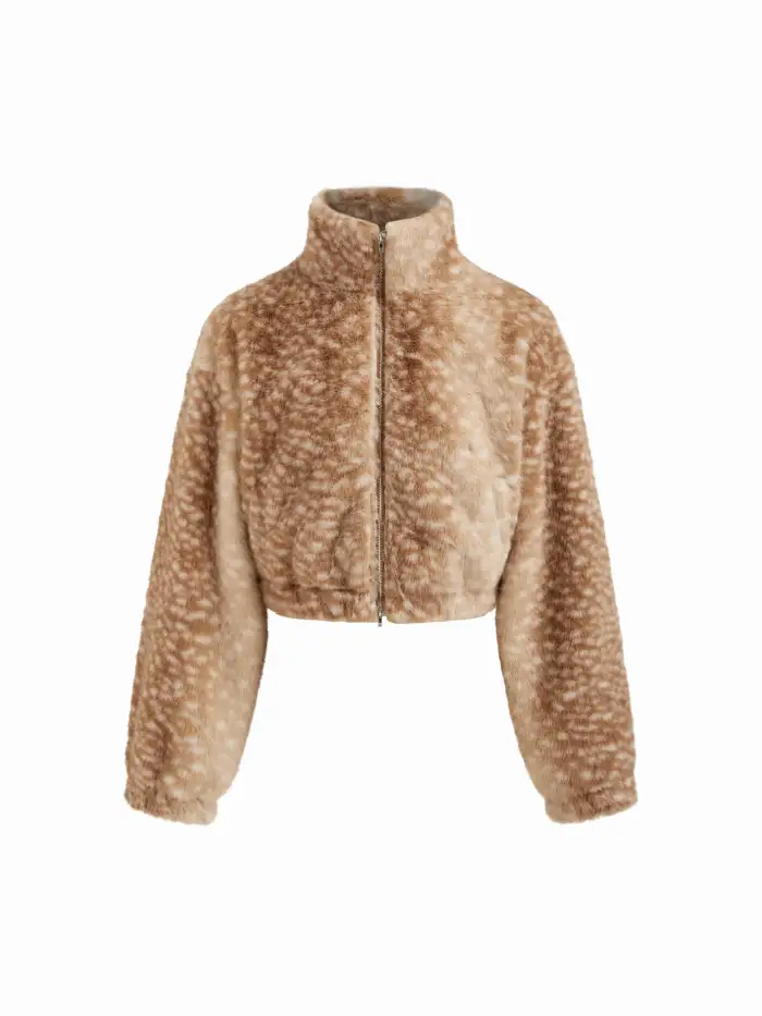 Faux Fur Deer Print High Neck Zip Through Jacket