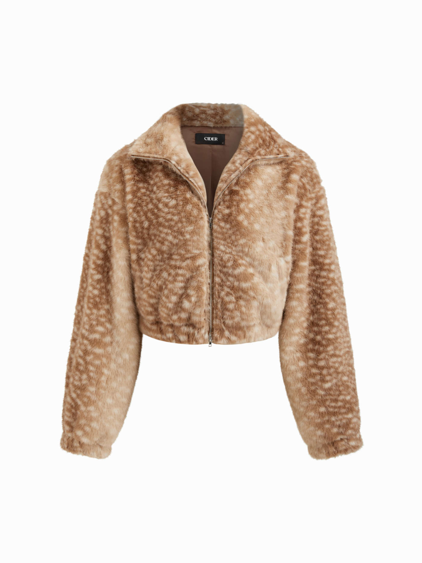 Faux Fur Deer Print High Neck Zip Through Jacket