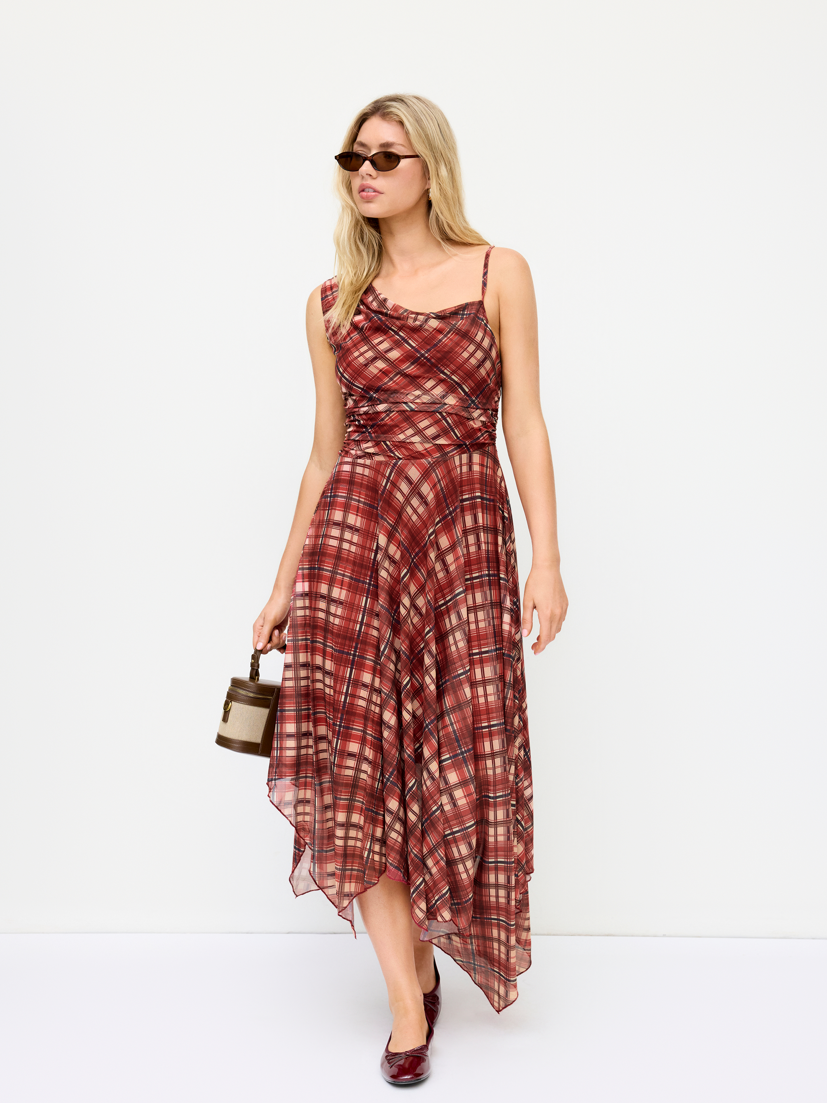 メッシュ メッシュプラッド アシンメトリーネック ルーシュド