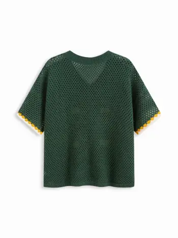 Top oversize curvo e taglie forti lavorato a maglia con scollo a V, grafica 23 e dettaglio cut-out