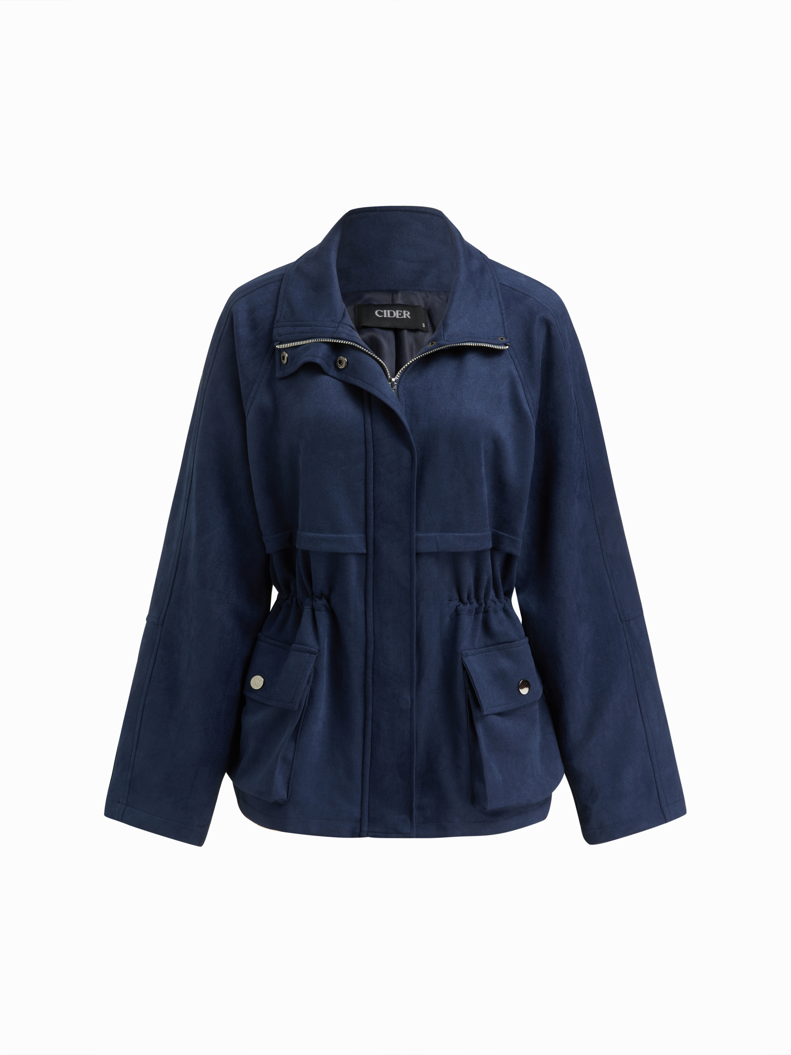 Woven Stand Collar Drawstring Zip Through Oversized Jacket