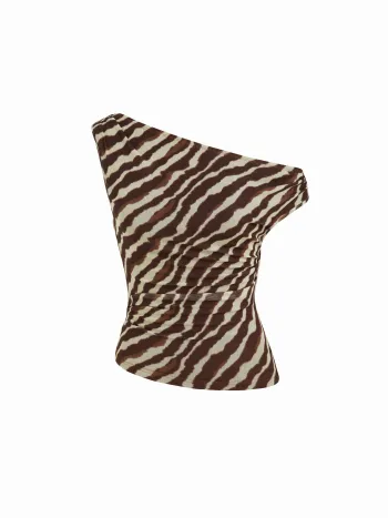 Top asimmetrico arricciato con collo in mesh a righe zebrate