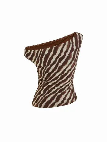 Top asimmetrico arricciato con collo in mesh a righe zebrate