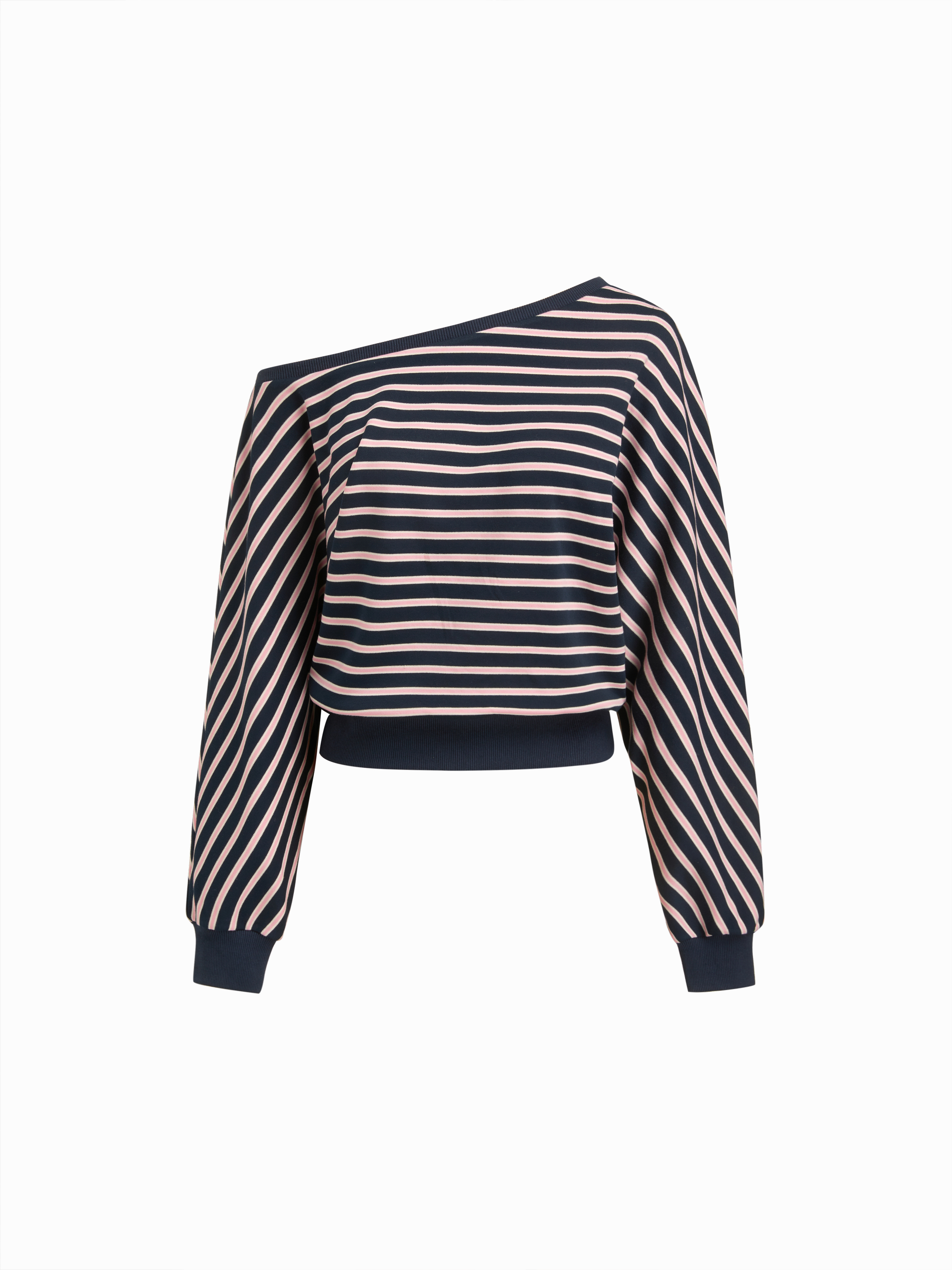 Striped Asymmetrical Neck Long Sleeve Cinched Waist Sweatshirt