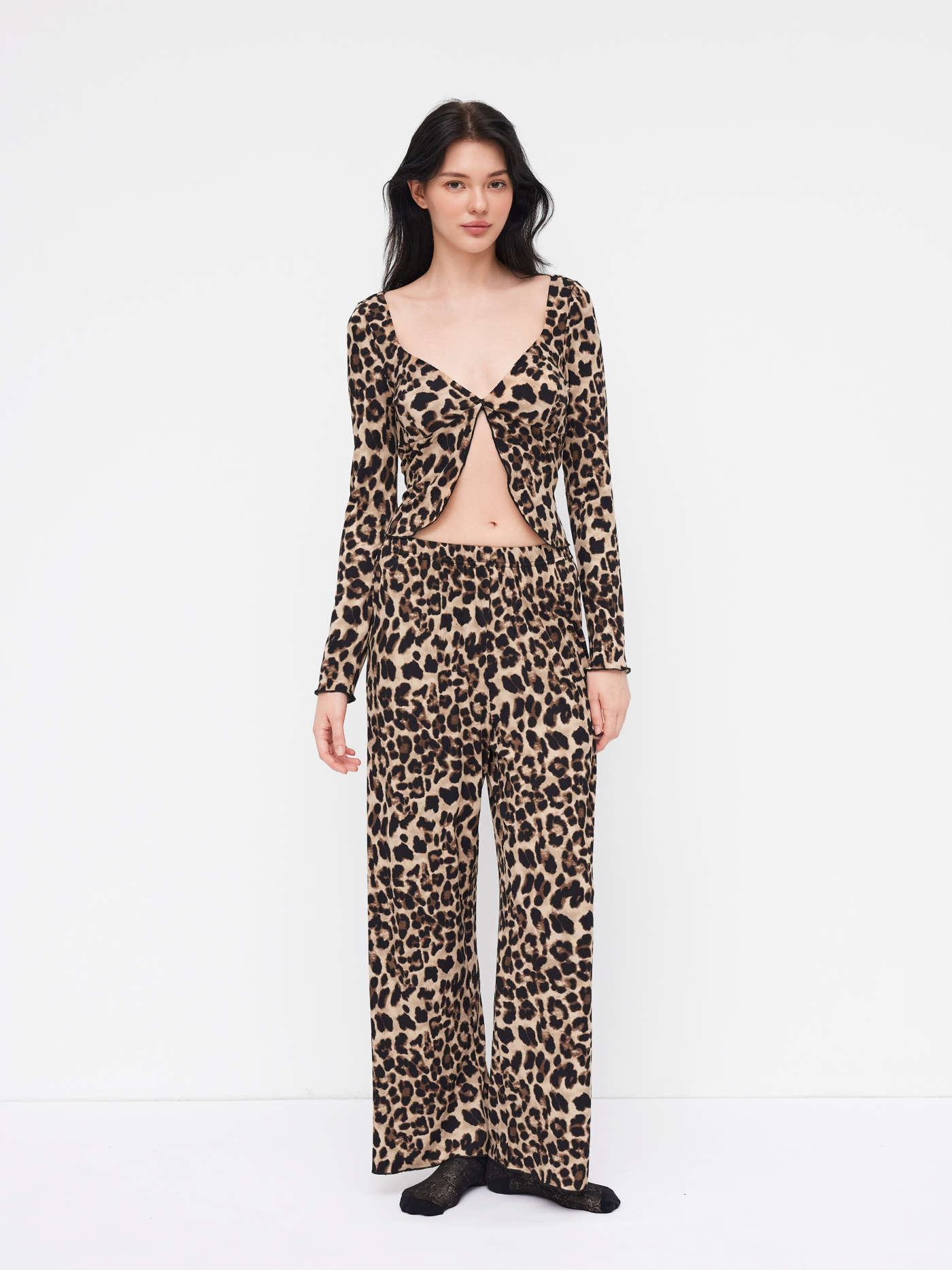 V-neck Leopard Split Top & Mid Rise Straight Leg Trousers Loungewear Set