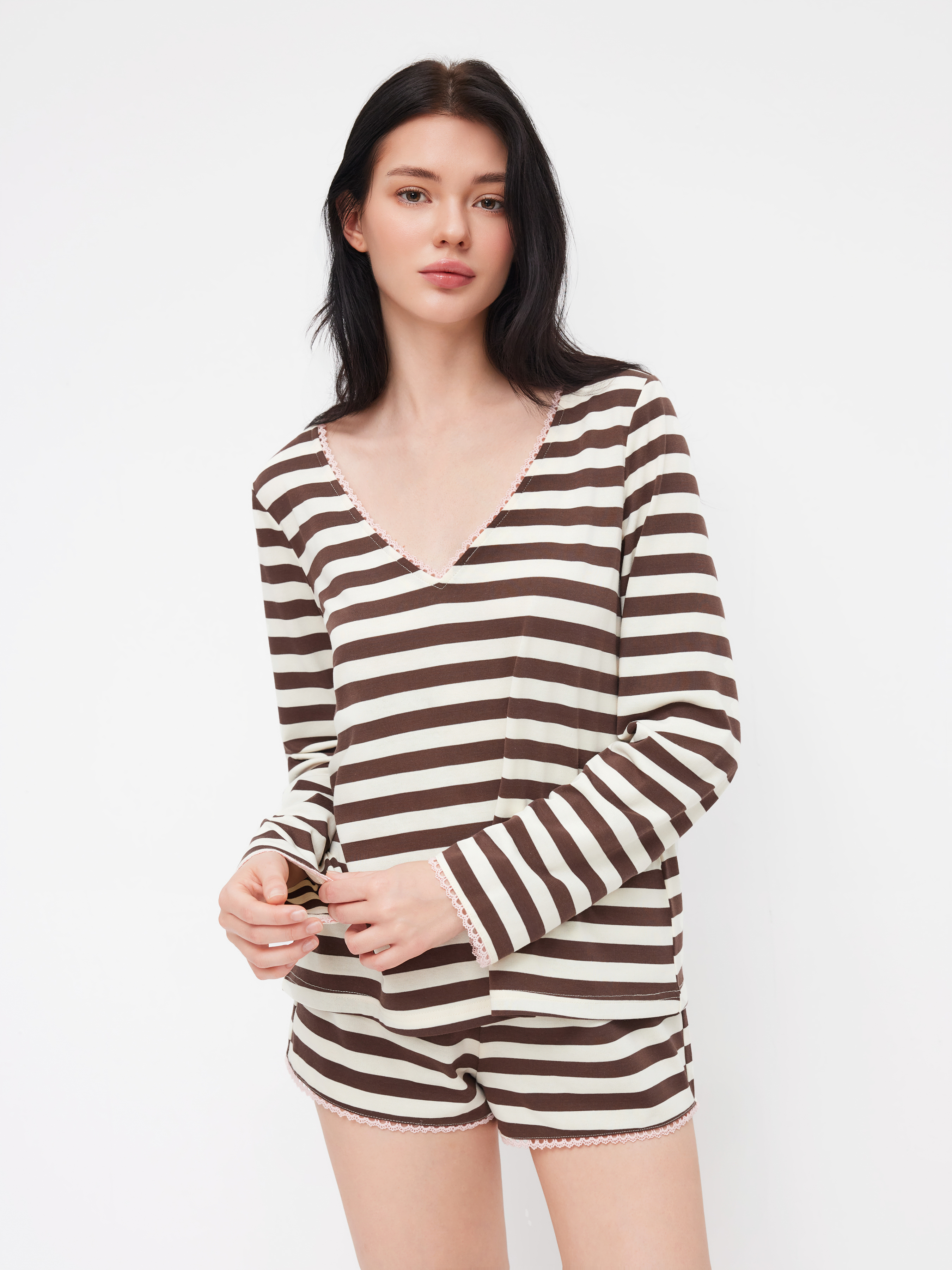 Cotton-blend V-neck Stripe Long Sleeve Top & Mid Rise Drawstring Lounge Shorts Loungewear Set