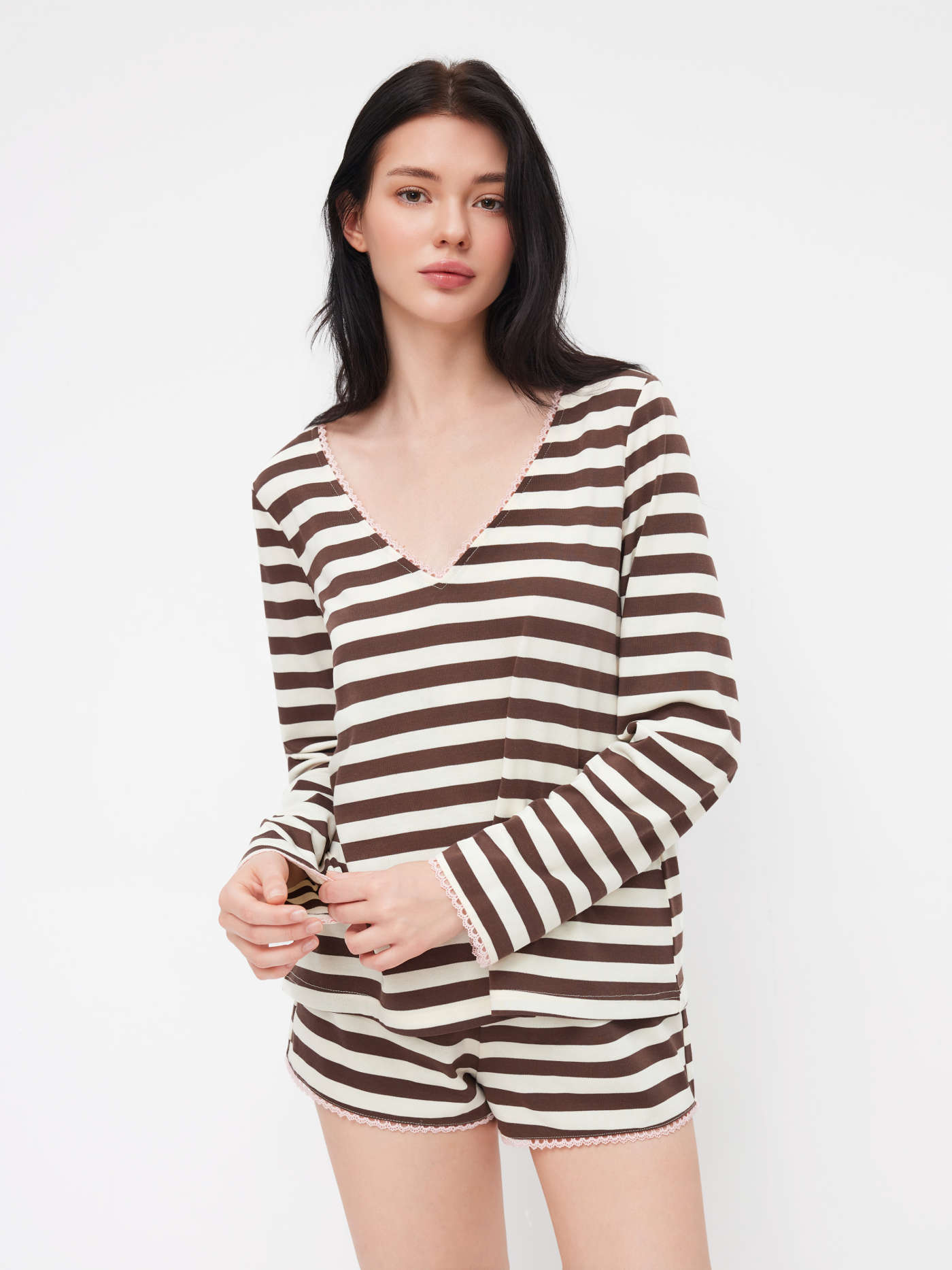 Cotton-blend V-neck Stripe Long Sleeve Top & Mid Rise Drawstring Lounge Shorts Loungewear Set