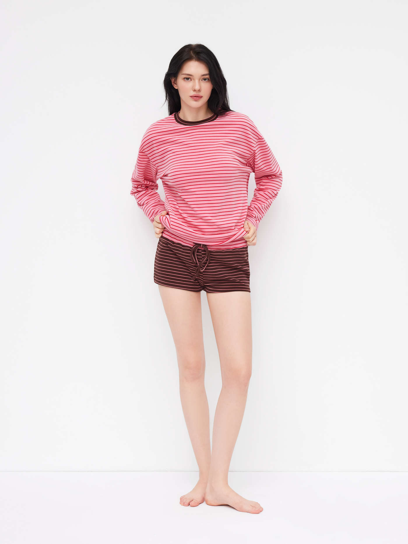 Round Neckline Stripe Long Sleeve Top & Low Rise Patchy Shorts Loungewear Set