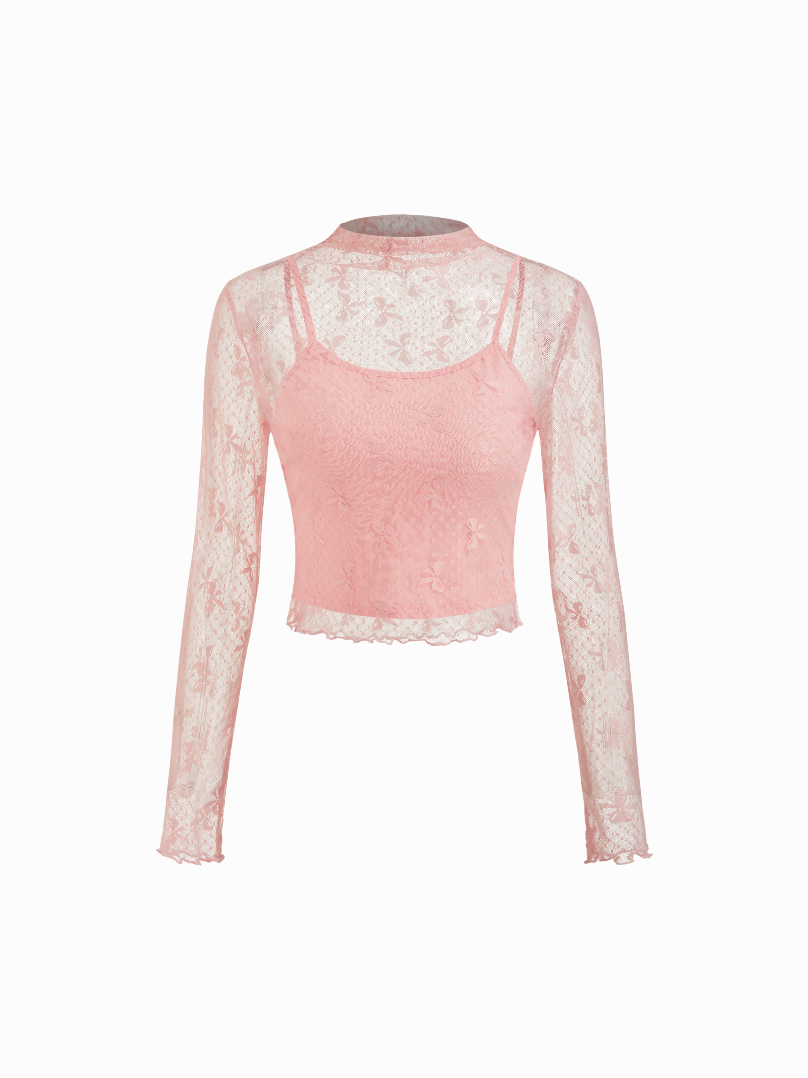 Mesh Lace Bowknot Graphic Long Sleeve See-through Top & Cami Top