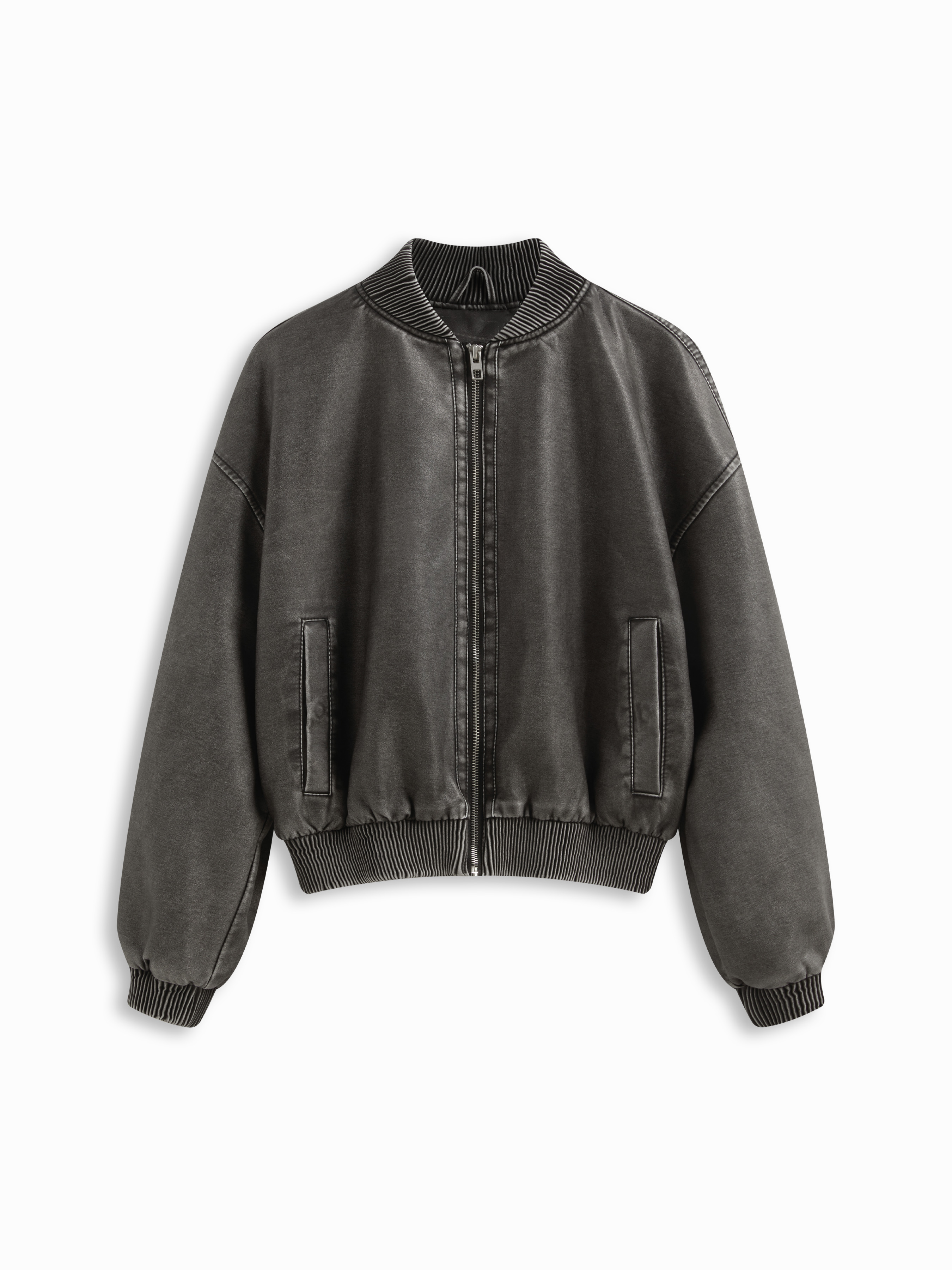 Stand Collar Zip Through Faux Leather Bomber Jacket For Décontracté quotidien