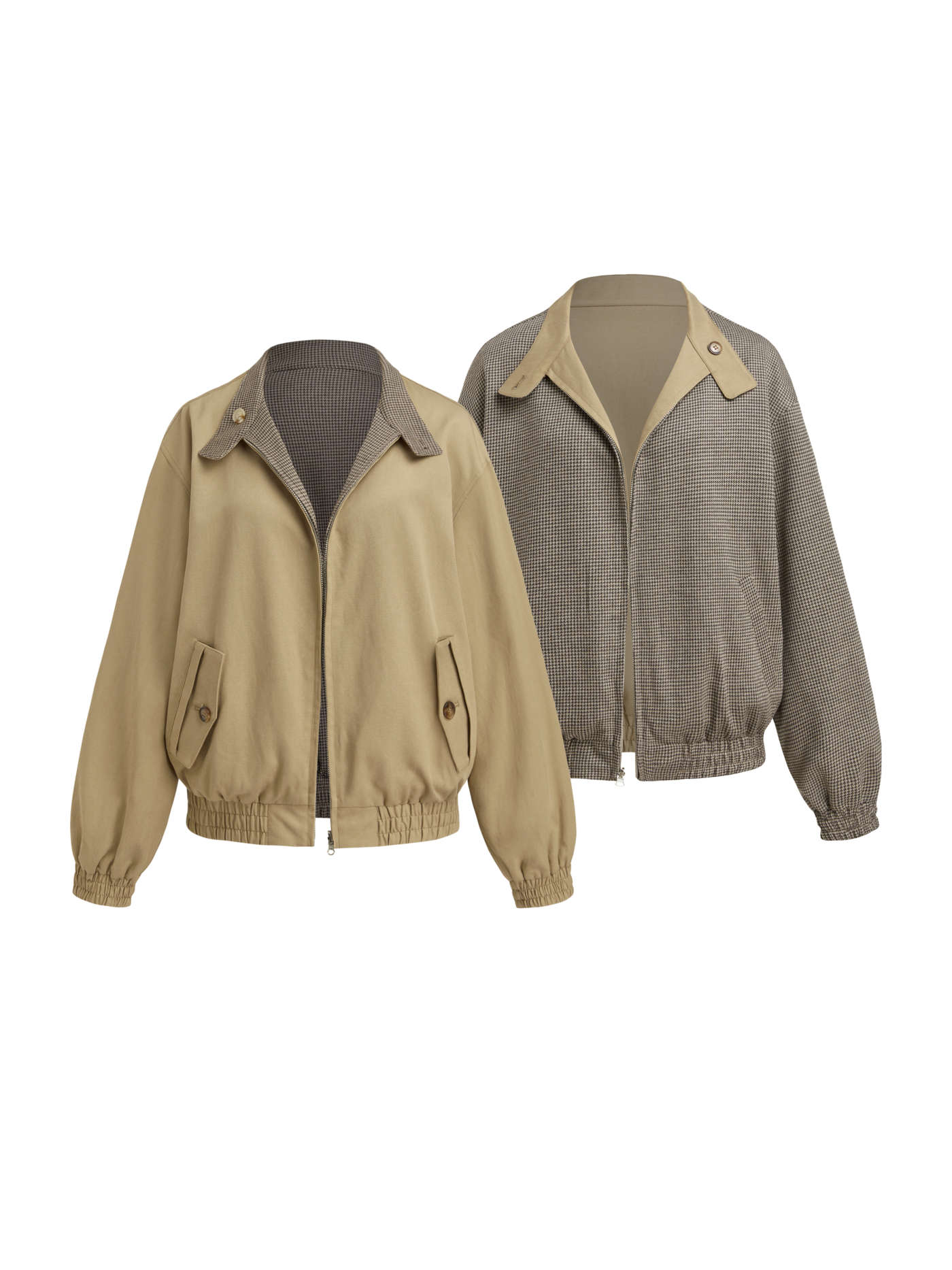 Reversible Cotton-blend Stand Collar Houndstooth Oversized Bomber Jacket