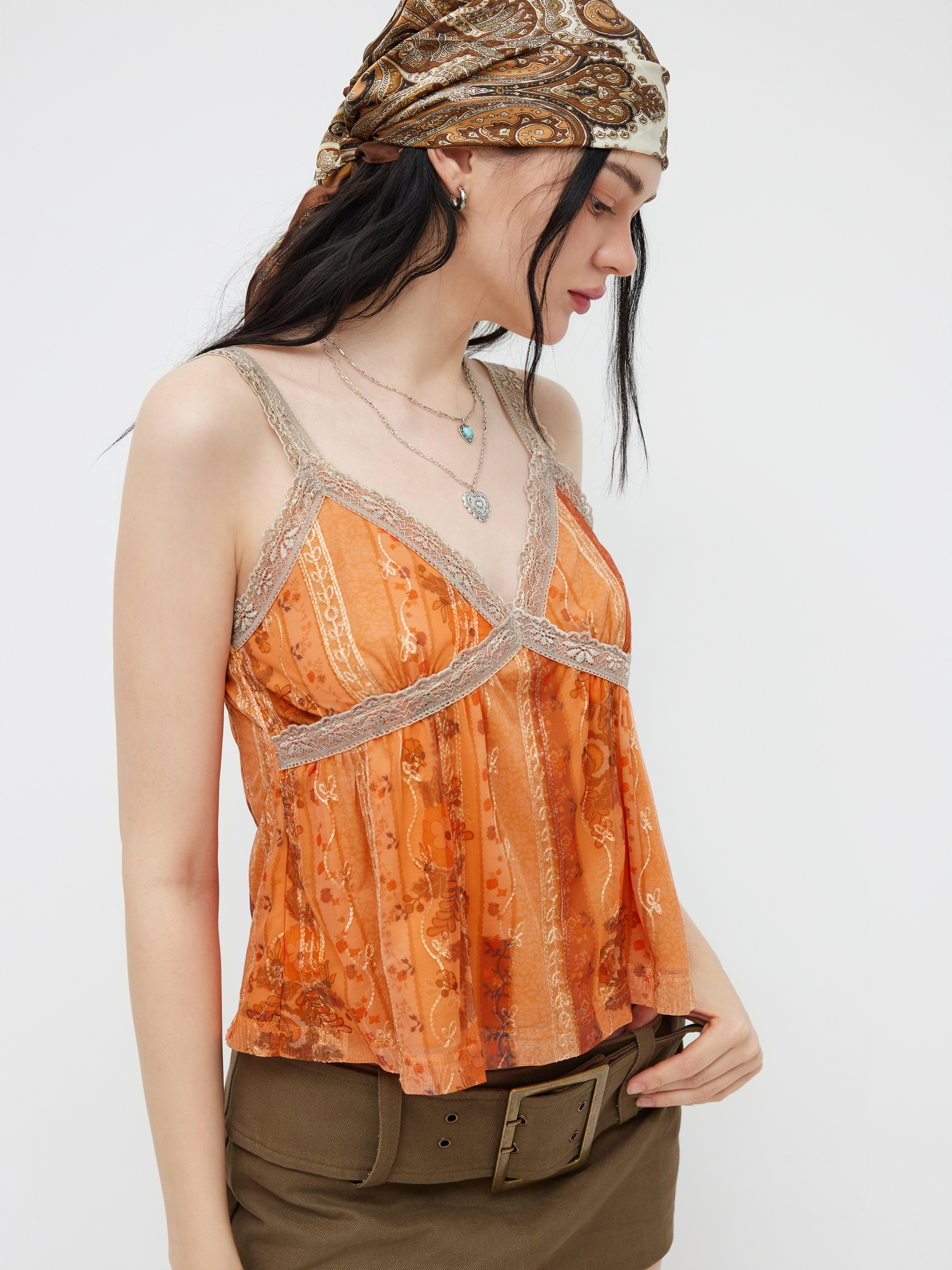 Mesh Sweetheart Floral Lace Trim Cami Top