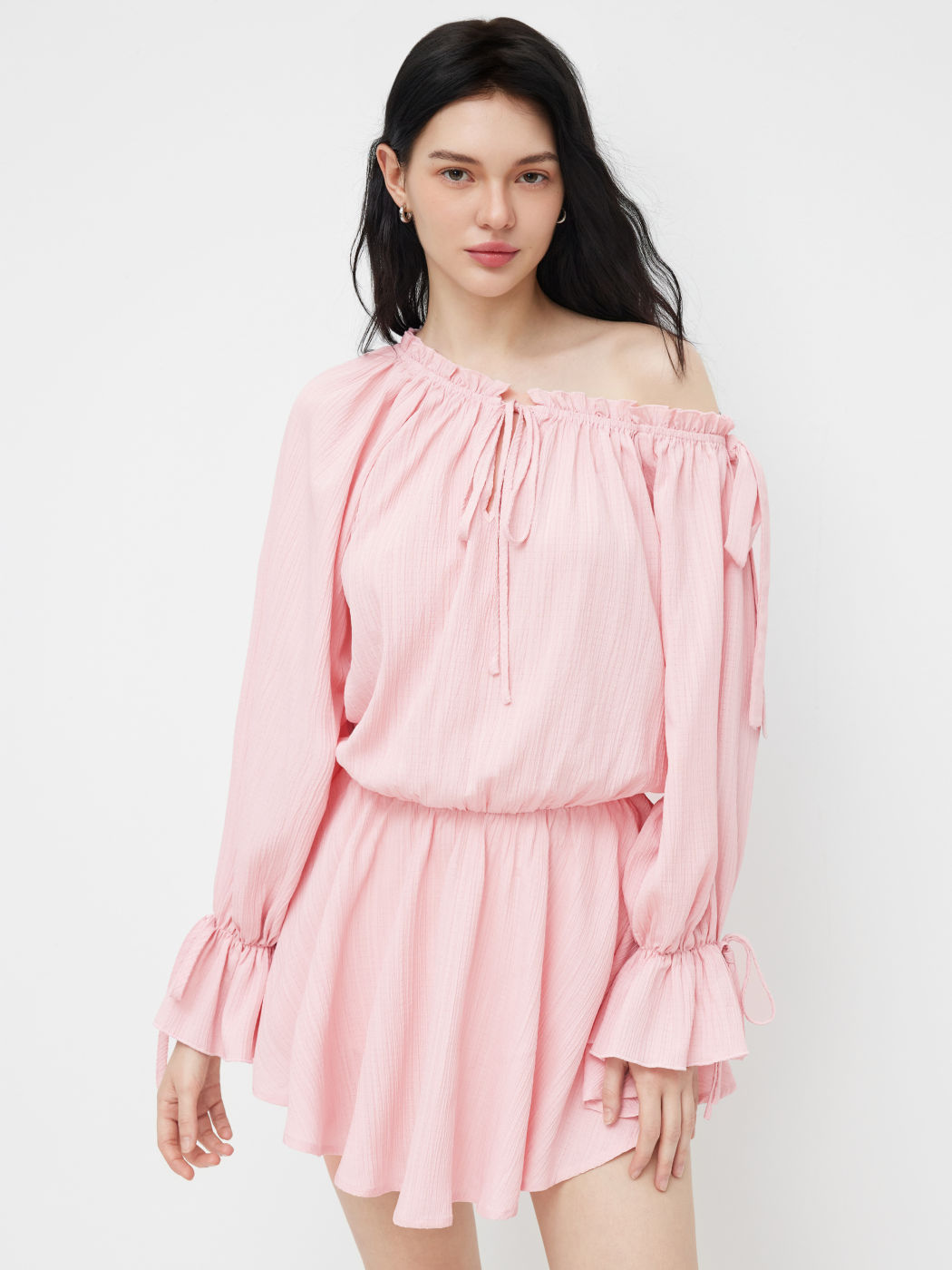 Asymmetrical Neck Lettuce Trim Drawstring Knotted Mini Dress