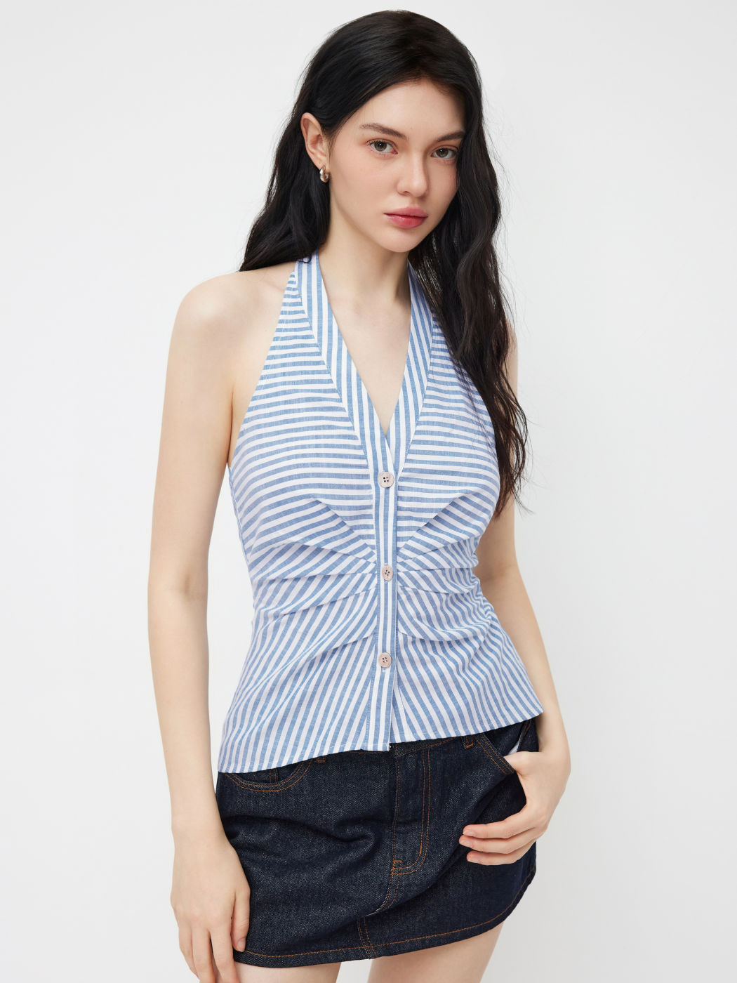 Baumwollmischung Halter V-Ausschnitt Streifen Rüschen Bluse