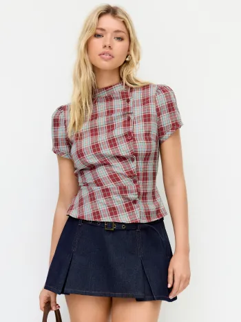 Blusa a quadri con colletto alla coreana, maniche a sbuffo e chiusura con bottoni e lacci sul retro
