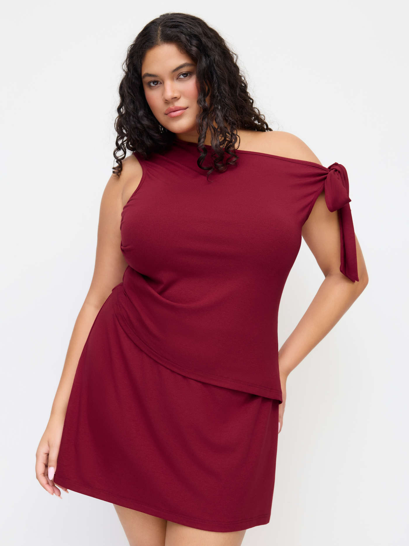 Asymmetrical Neck Knotted Top & Mid Rise A-line Mini skirt Curve & Plus