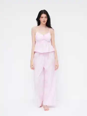 Set lounge top cami a V con fiocco a righe in misto cotone e pantaloni a gamba larga a vita media