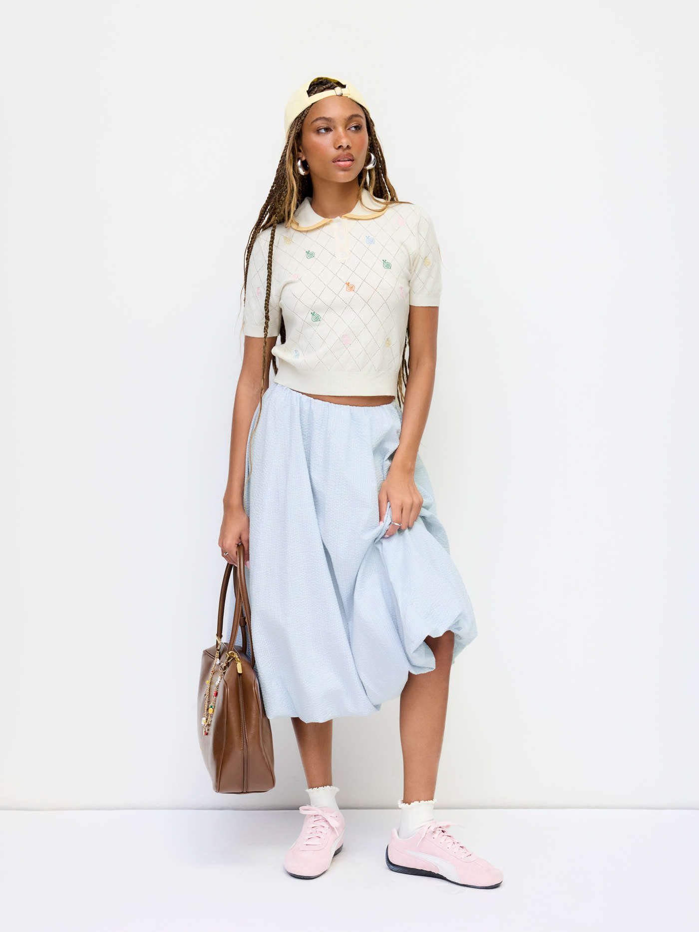 Knit Peter Pan Collar Snail Embroidery Pointelle Top