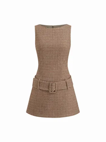 Mini-Kleid mit Bootshals, Houndstooth-Muster und Gürtel