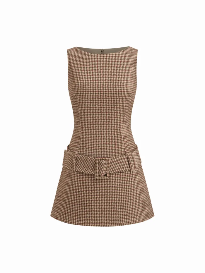100% Cotton Peter Pan Collar Plaid Lace Trim Puff Sleeve Knotted Mini Dress