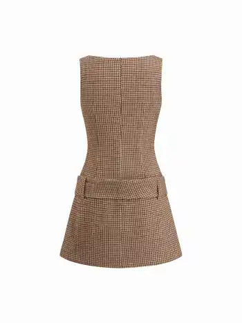 Mini-Kleid mit Bootshals, Houndstooth-Muster und Gürtel