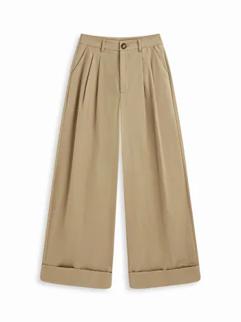 Baumwollmischung Low-Rise plissierte Rollenbund Breitbein-Hosen