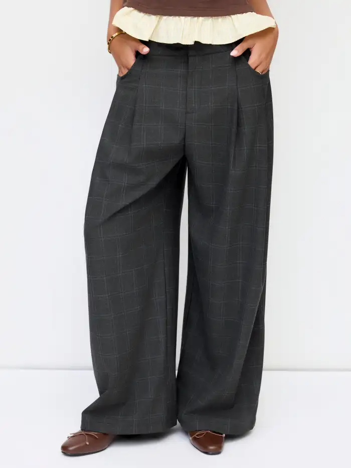 Flannel Flannel Mid Rise Plaid Knotted Wide Leg Trousers For School