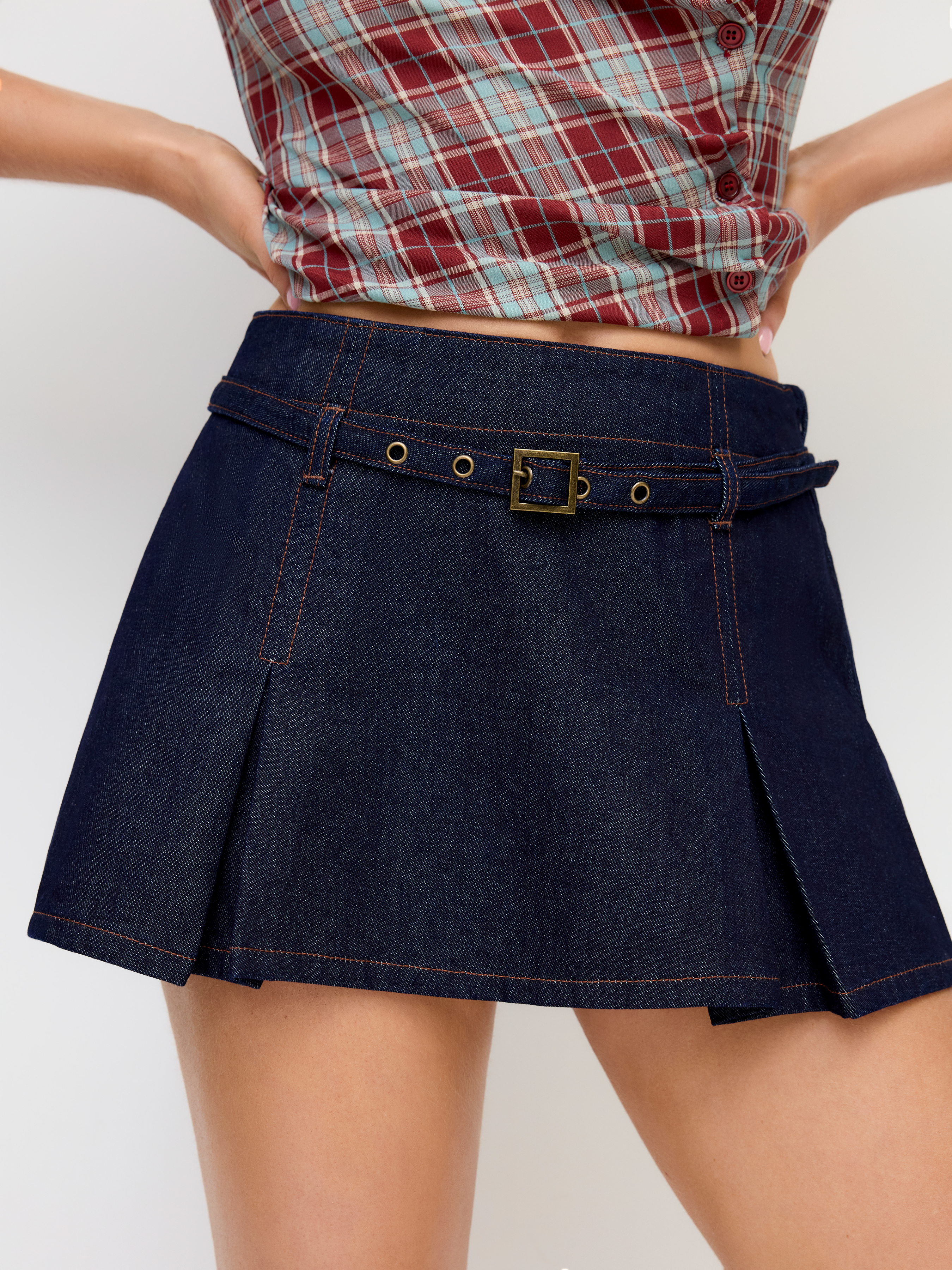 Denim Low Rise Buckle Mini Skirt With Belt