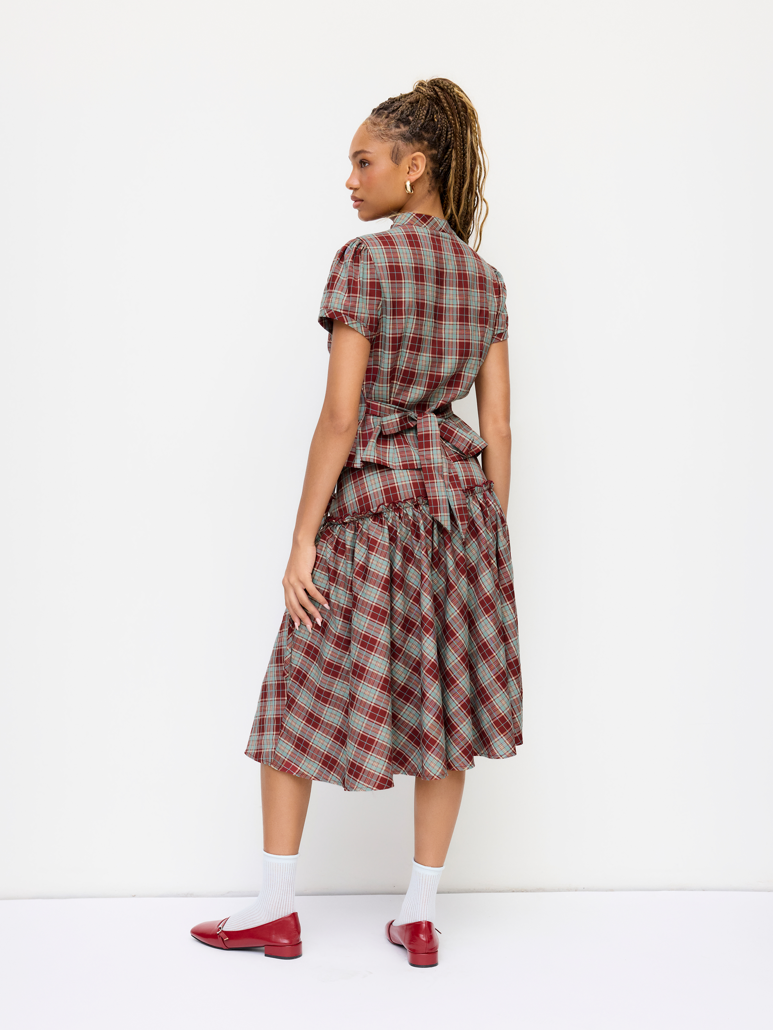 Mid Rise Tartan Lettuce Trim Knotted Midi Skirt
