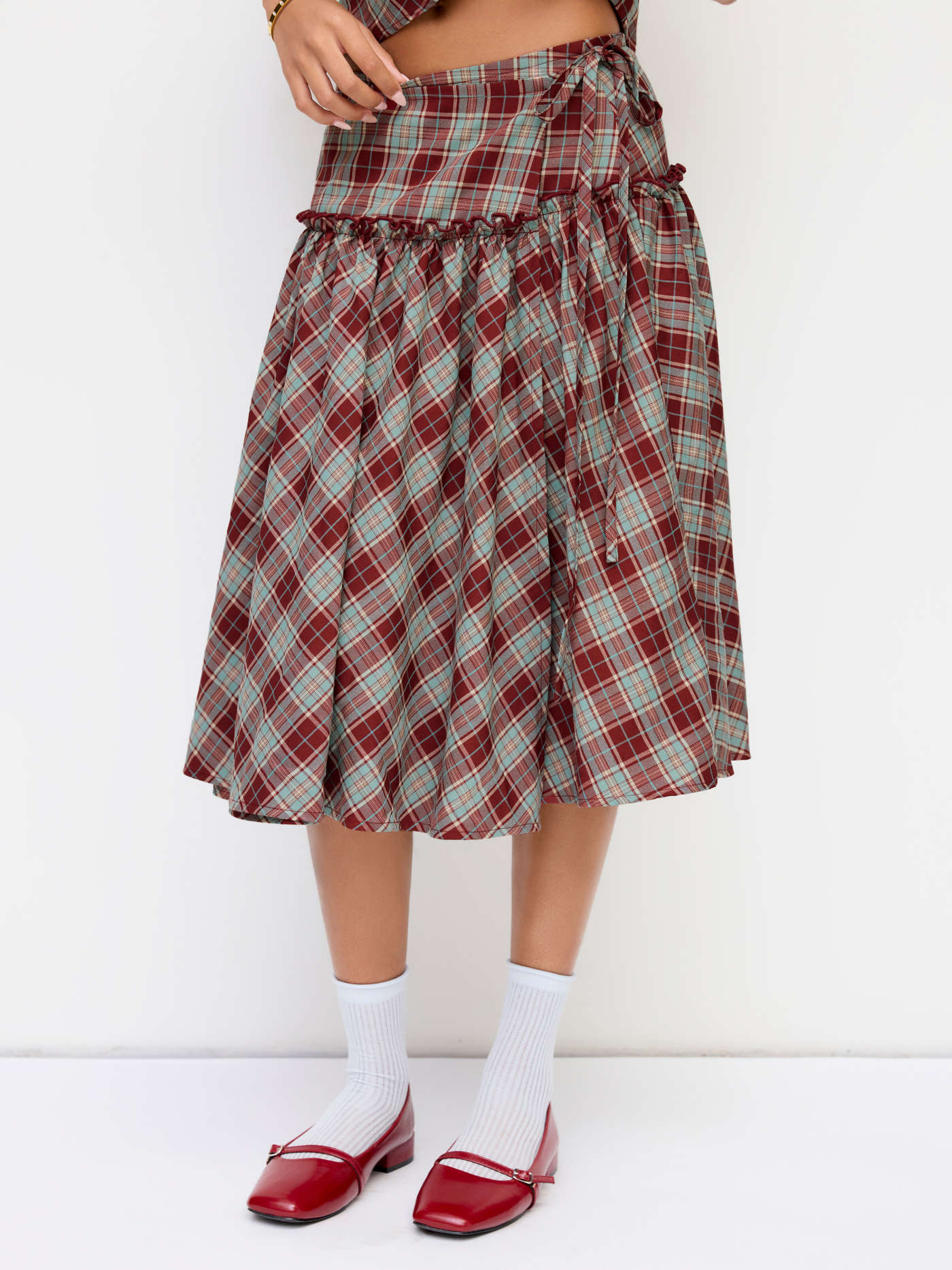 Mid Rise Tartan Lettuce Trim Knotted Midi Skirt