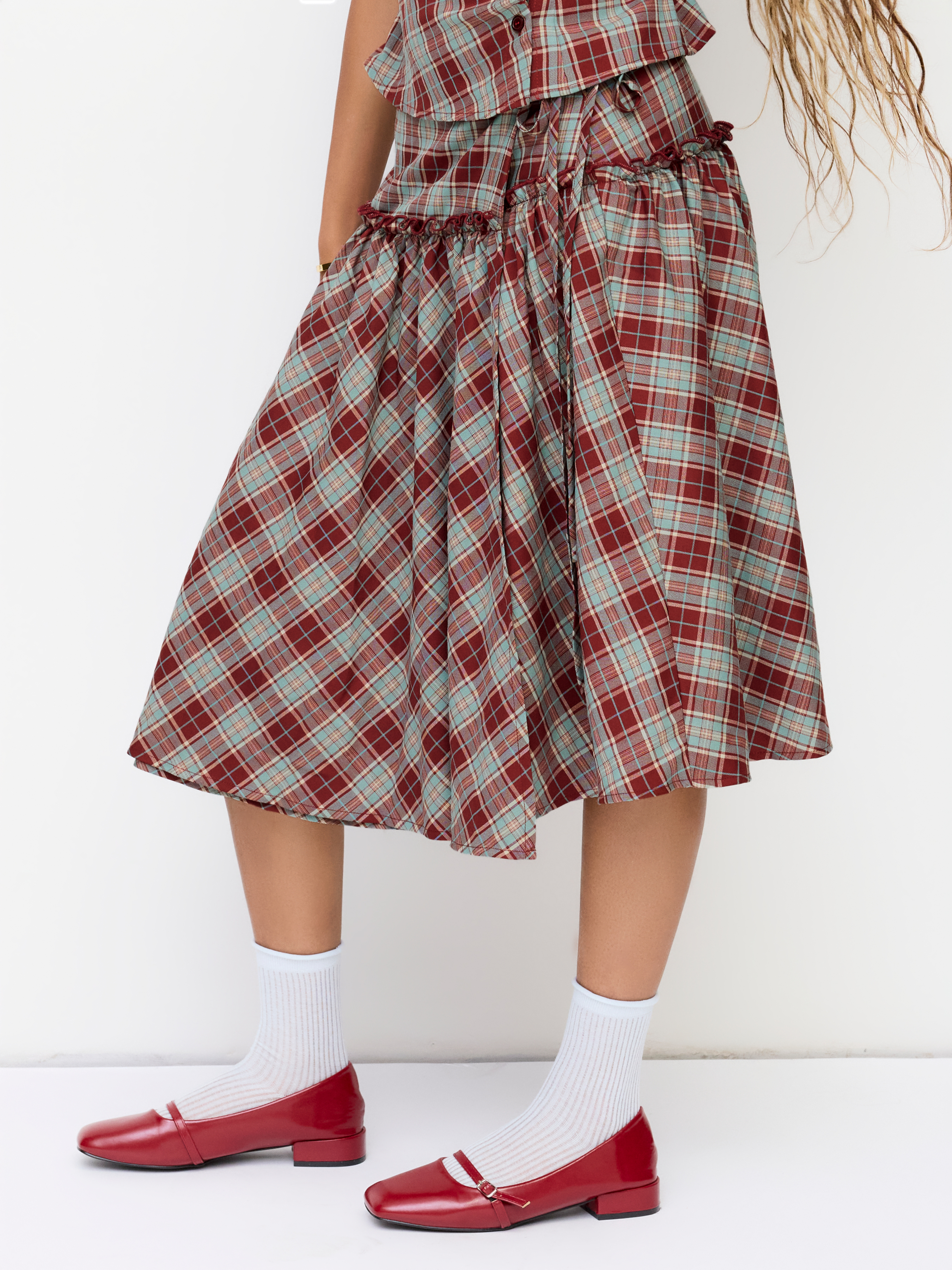 Mid Rise Tartan Lettuce Trim Knotted Midi Skirt