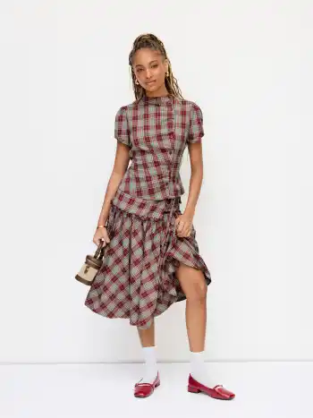 Mid Rise Tartan Lettuce Trim Knotted Midi Skirt