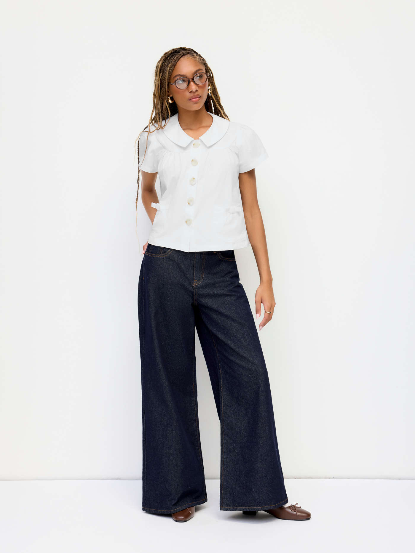 100% Cotton Peter Pan Collar Bowknot Pocket Button Oversized Blouse