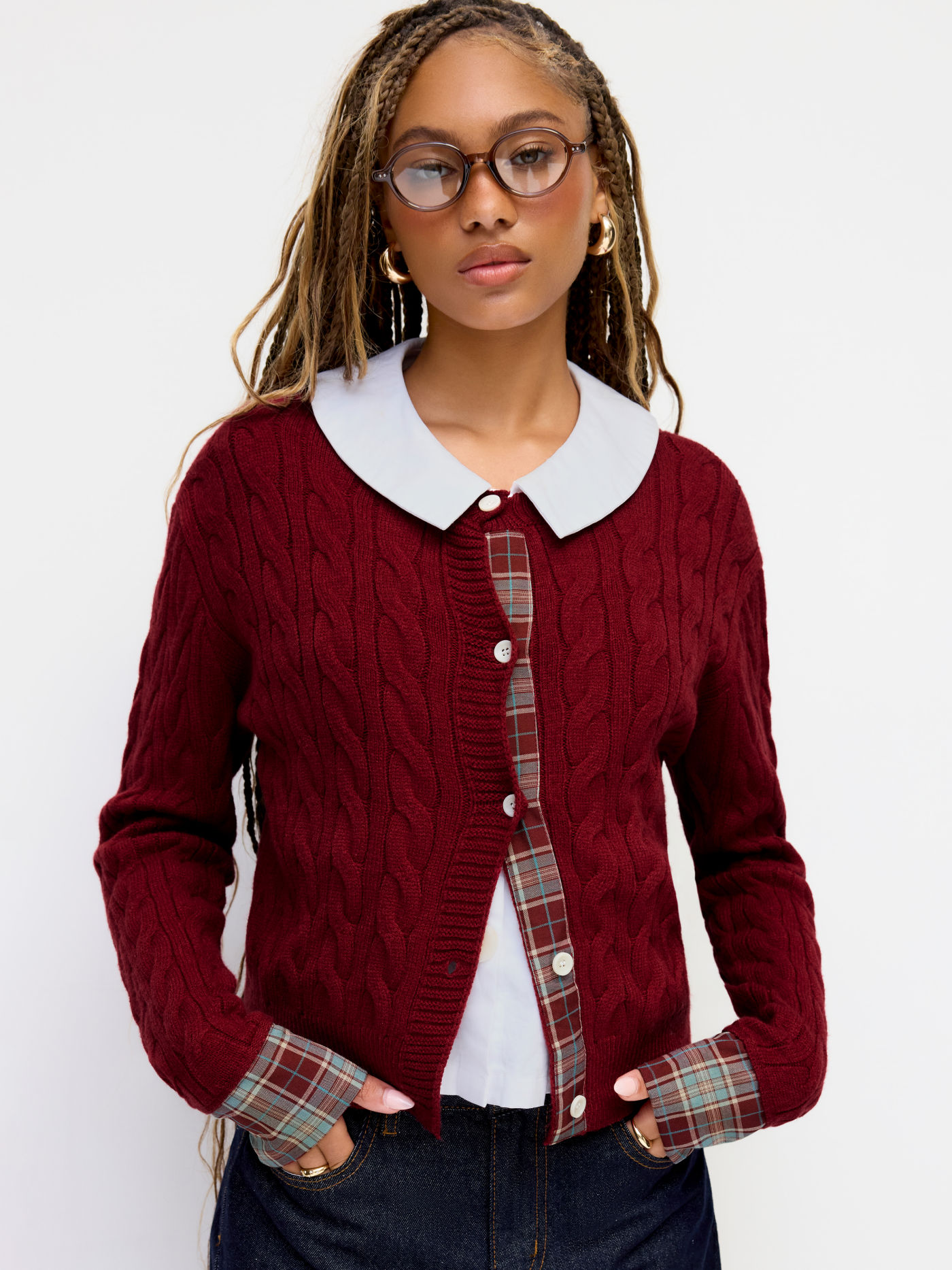 Cable Knit Round Neckline Patched Tartan Button Cardigan