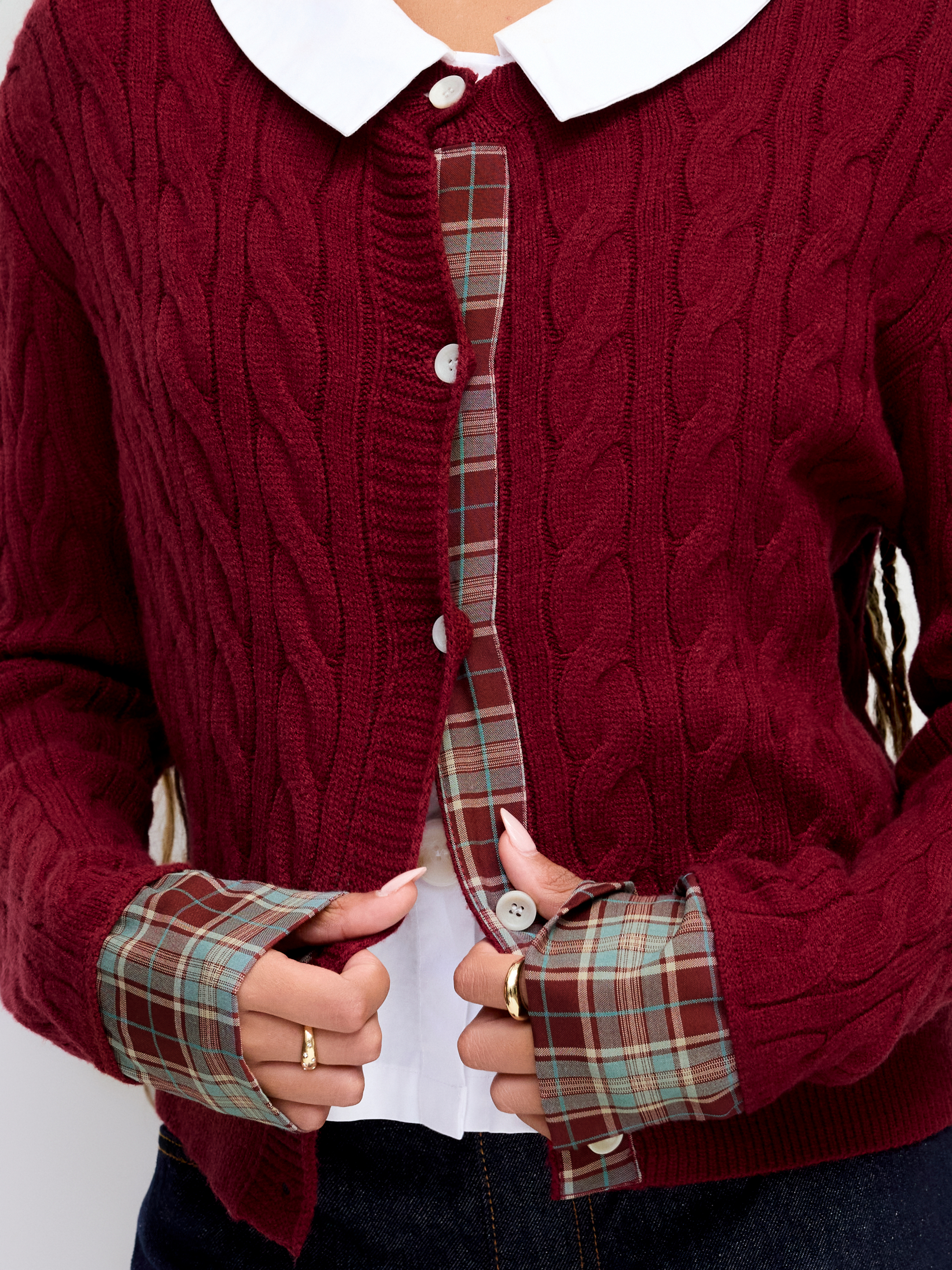 Cable Knit Round Neckline Patched Tartan Button Cardigan