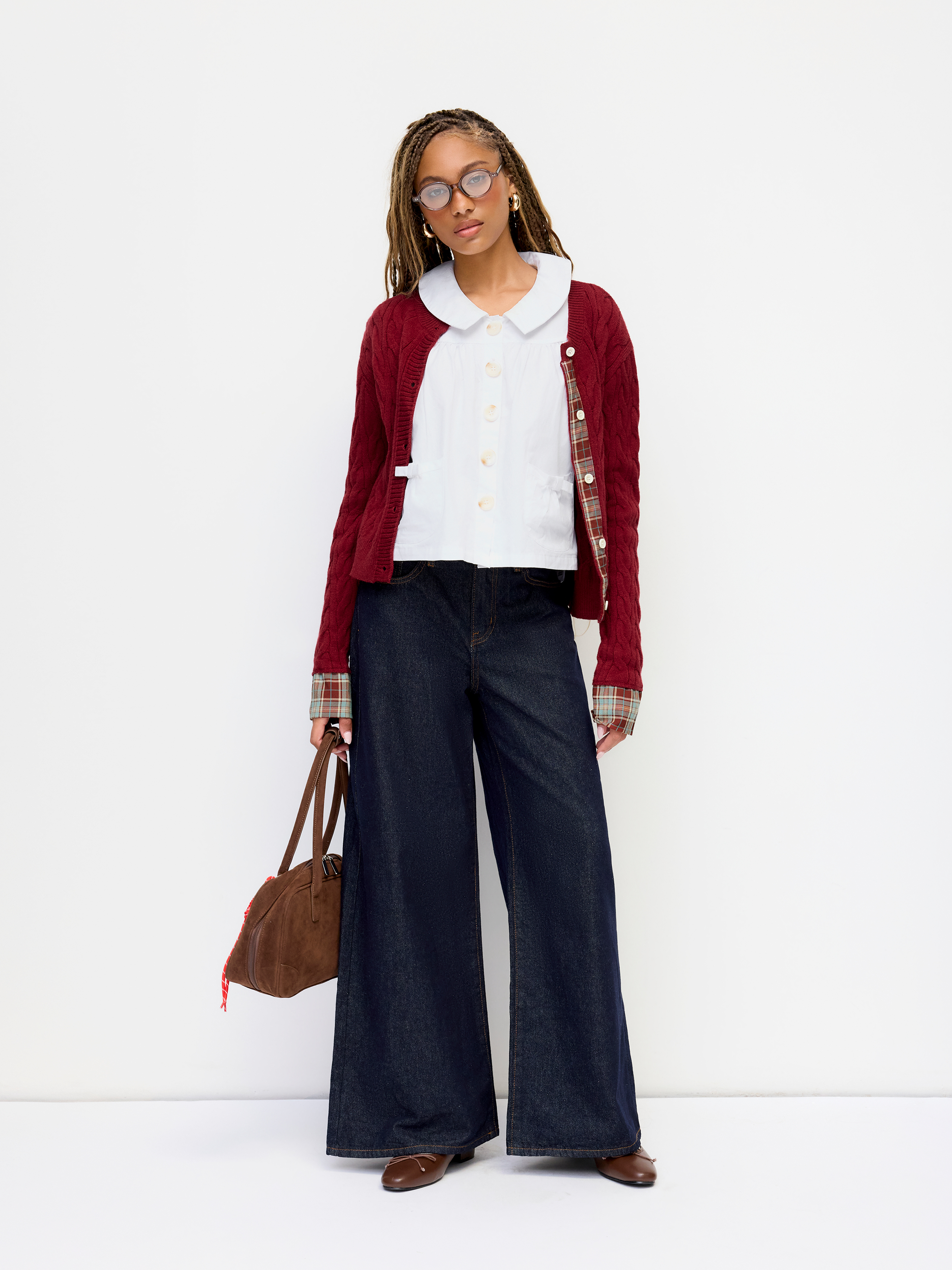 Cable Knit Round Neckline Patched Tartan Button Cardigan