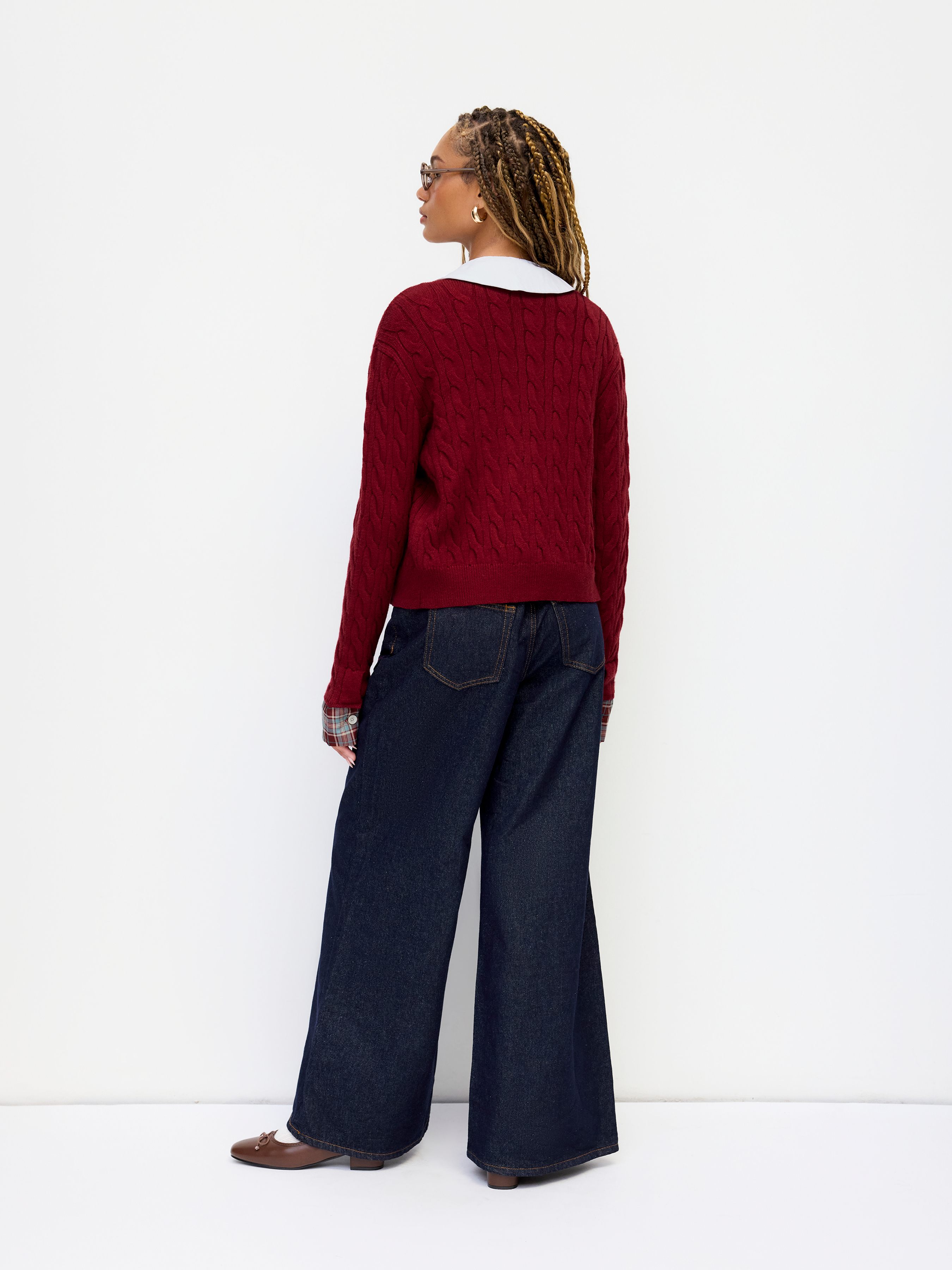 Cable Knit Round Neckline Patched Tartan Button Cardigan