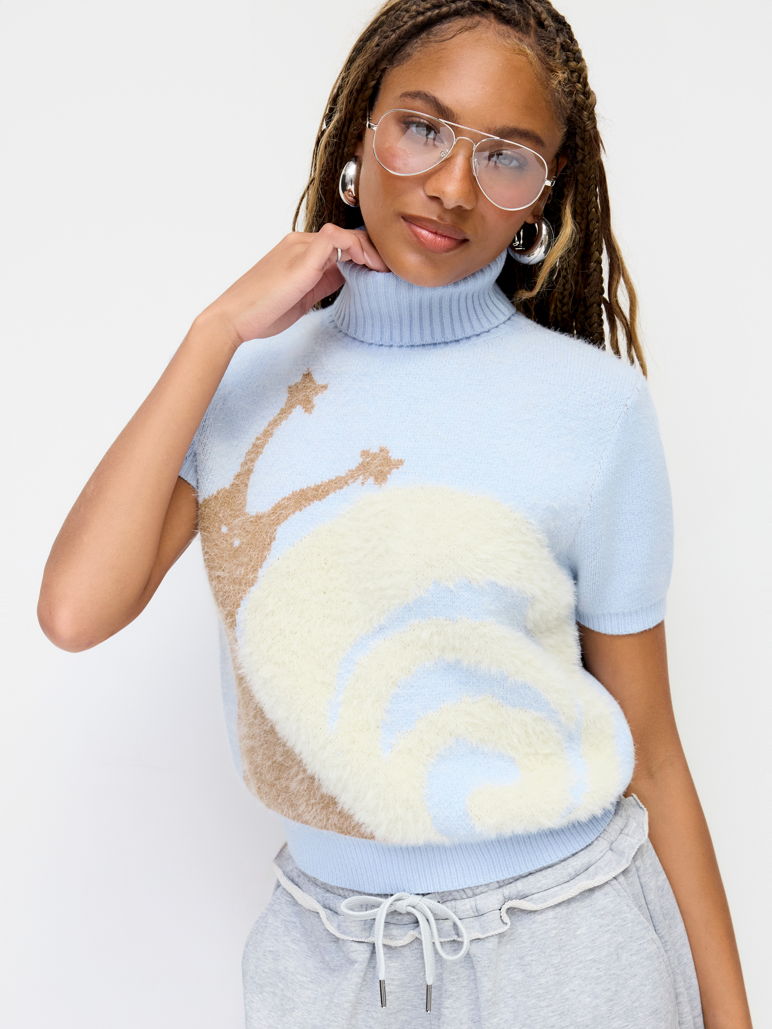 Knit High Neck Snail Graphic Short Sleeve Sweater