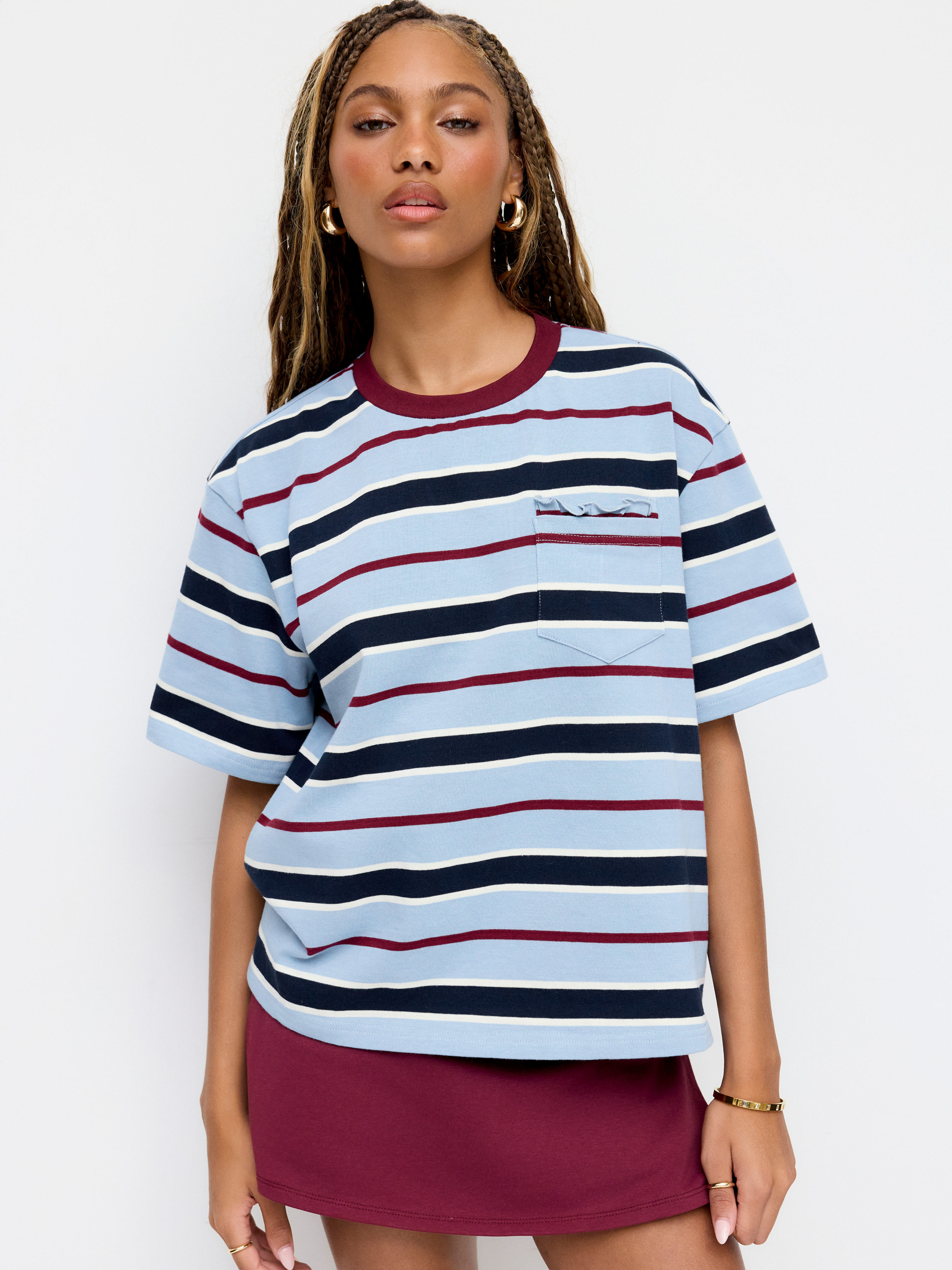 Knit Collar Stripe Button Oversized Top