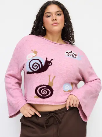 Strick-Rundhals-Snecken-Glockenärmel-Oversize-Top Kurve & Plus