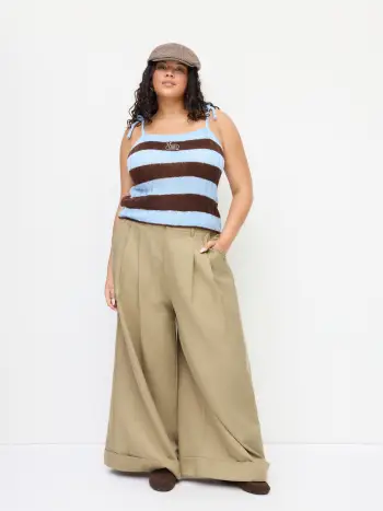 Cotton-blend Low Rise Pleated Roll Hem Wide Leg Trousers Curve & Plus