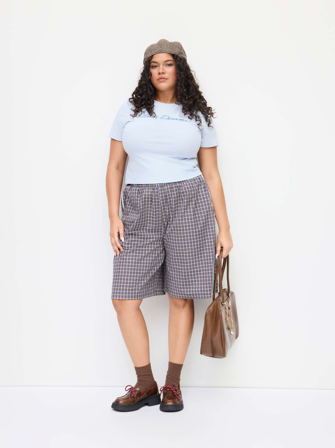 100% Cotton Plaid Mid Rise Elastic Waist Lace Side Stripe Bermuda Shorts Curve & Plus