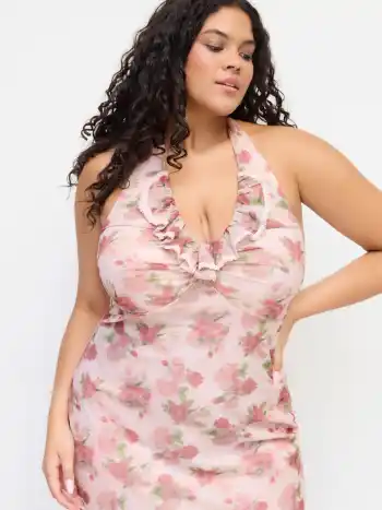 Halter-Ausschnitt, floral, geriffelt, mit Spitze und Rüschen Maxikleid Kurve & Plus