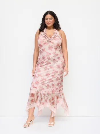 Halter-Ausschnitt, floral, geriffelt, mit Spitze und Rüschen Maxikleid Kurve & Plus