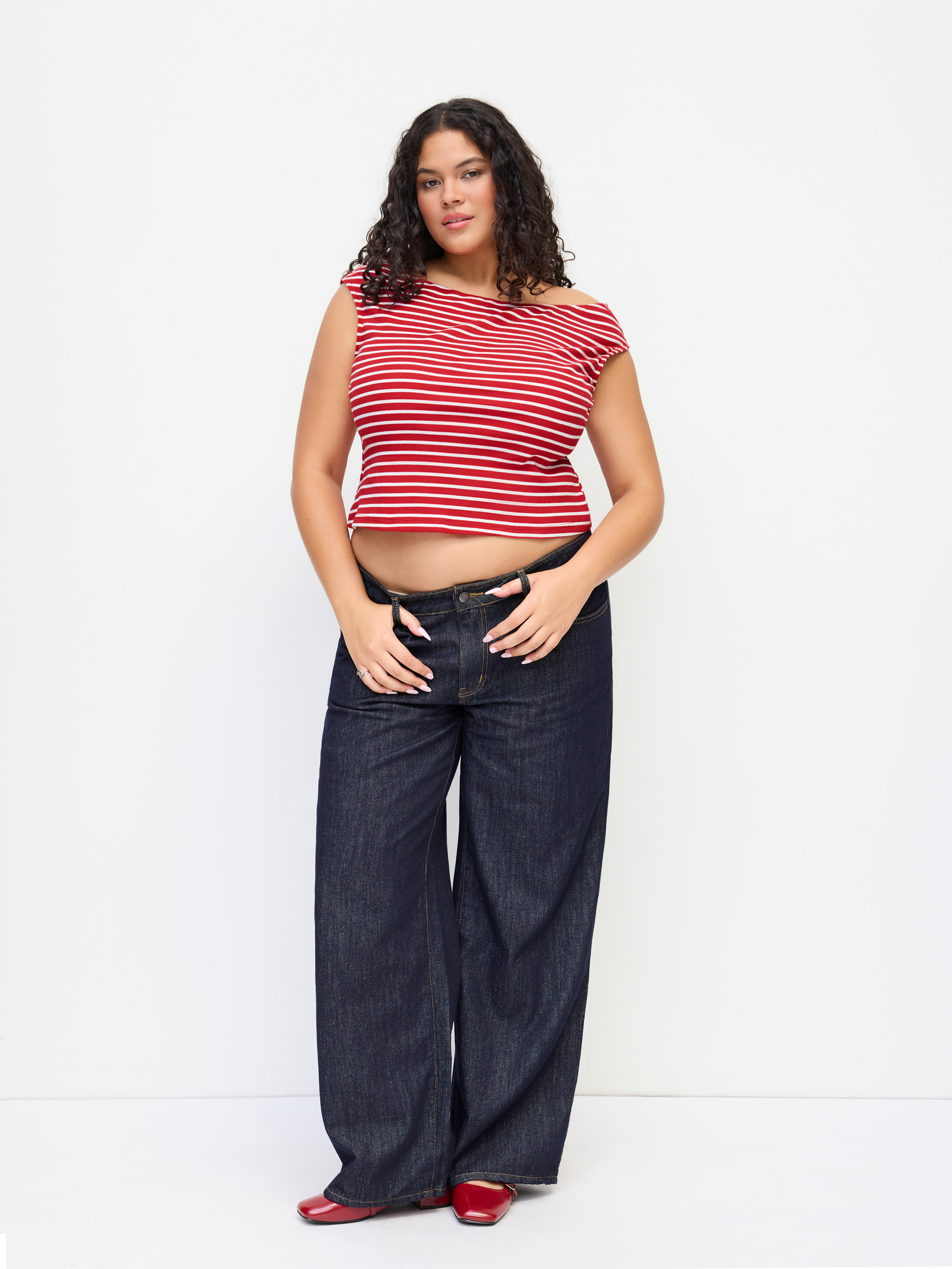 Knit Fabric Cotton-blend Boat Neck Stripe Top Curve & Plus For