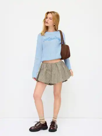 100% Baumwolle Low-Rise Kastenmuster Schnecken-Embroidered Mini-Skort