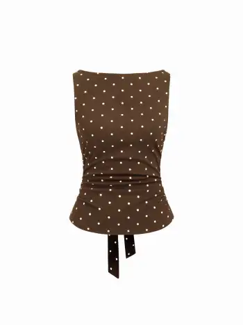 Knit Fabric Cotton-blend Boat Neck Knotted Polka Dot Ruched Tank Top For Daily Casual