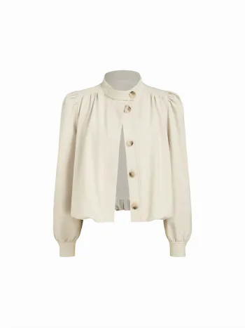 Giacca oversize con colletto alla coreana, ruches e volant